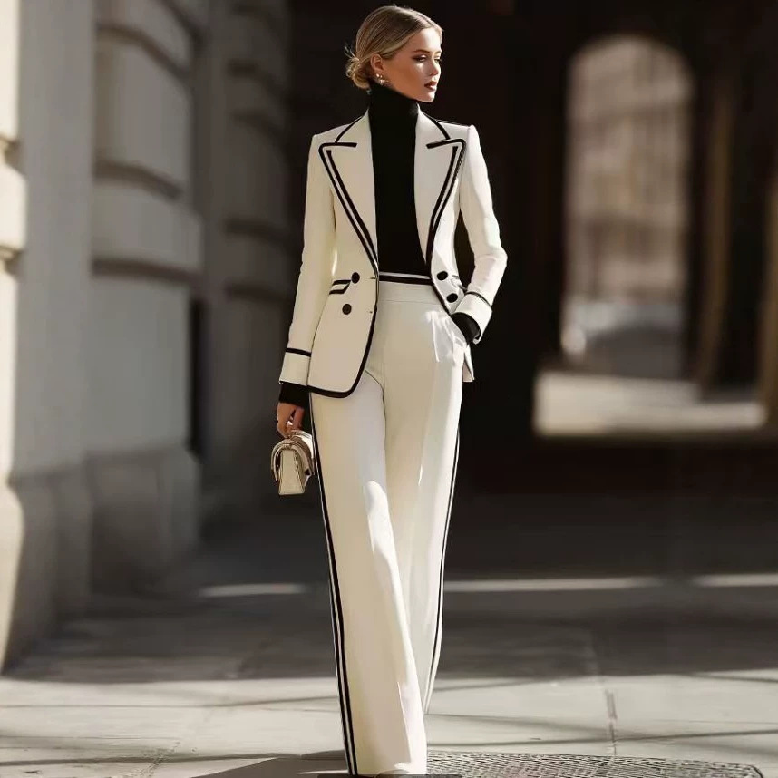 2026 Autumn New European and American Women's Fashion Amazon Long Sleeve Lapel Suit Double-Breasted + Casual Suit Pants Set