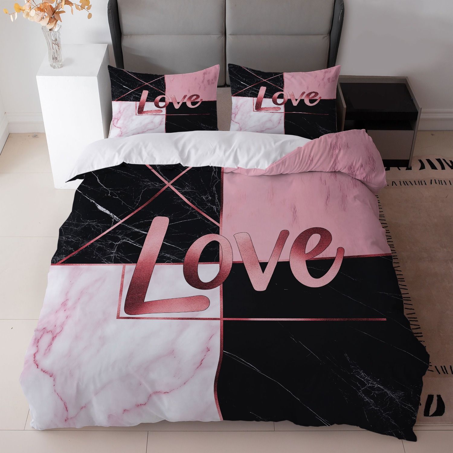 TEMU / JIT negro y blanco textura de mármol molienda impresión digital kit de colcha de tela para el hogar se puede diseñar