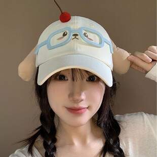 Japanese Style Cute Glasses Cherry Bear Ears Baseball Cap Women's Spring and Summer New Cartoon Cute Sweet Girl Duck Tongue