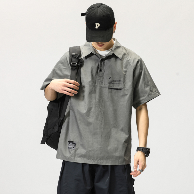 Japanese-Style Work Polo Shirt for Men, Summer Pure Cotton American Retro Short-Sleeve T-Shirt, Trendy Brand Turn-Down Collar Half-Sleeve Shirt