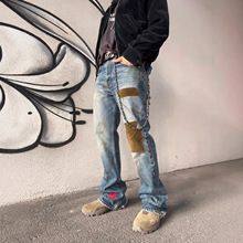 现/ ERD风格忧郁的富二代灯芯绒贴布刺绣做旧破坏牛仔裤长裤男女