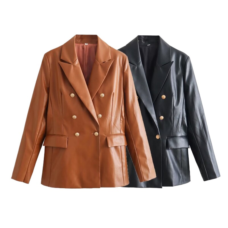 Cross-Border Wholesale Women's New European and American Style 2-Color Pu Leather Suit Jacket Double-Breasted Leather Jacket