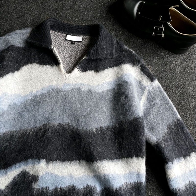 American-Style Lapel V-Neck Color-Block Striped Sweater for Men, New Autumn and Winter Style, Relaxed and Lazy Style, Loose Casual Knitwear American-Style Lapel V-Neck Color-Block Striped Sweater for Men, New Autumn and Winter Style, Relaxed and Lazy Style, Loose Casual Knitwear
