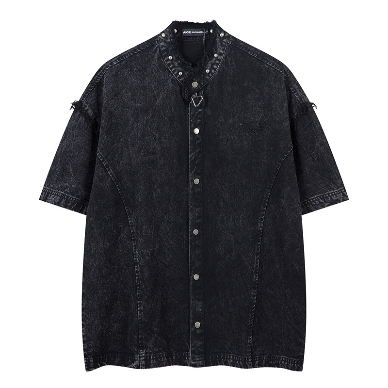 Heavy High Street Rivet Deconstruction Split Stitching Old Short Sleeve Men's American Loose Design Sense Denim Shirt Men
