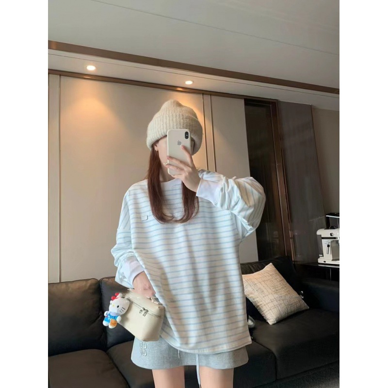 ADER打底衫条纹休闲宽松慵懒风质感秋季女上衣韩系长袖新款百搭圆