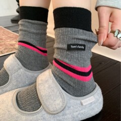 拼色条纹袜子女秋冬季美式学院风ins潮流布标堆堆袜撞色无骨棉袜