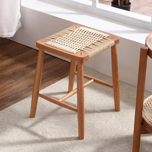 Nordic style cherry wood rope stool simple household Japanese dressing chair rattan shoe changing stool woven makeup stool
