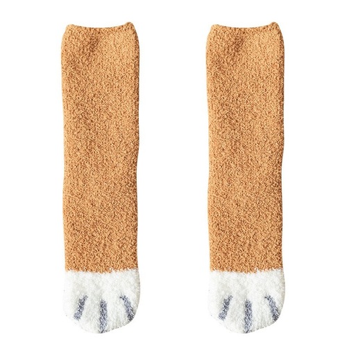 Dropshipping Thick Warm Coral Fleece Cat Paws Socks for Girls, Pile Socks, Mid-Calf, Wholesale Postpartum Socks, Autumn and Winter