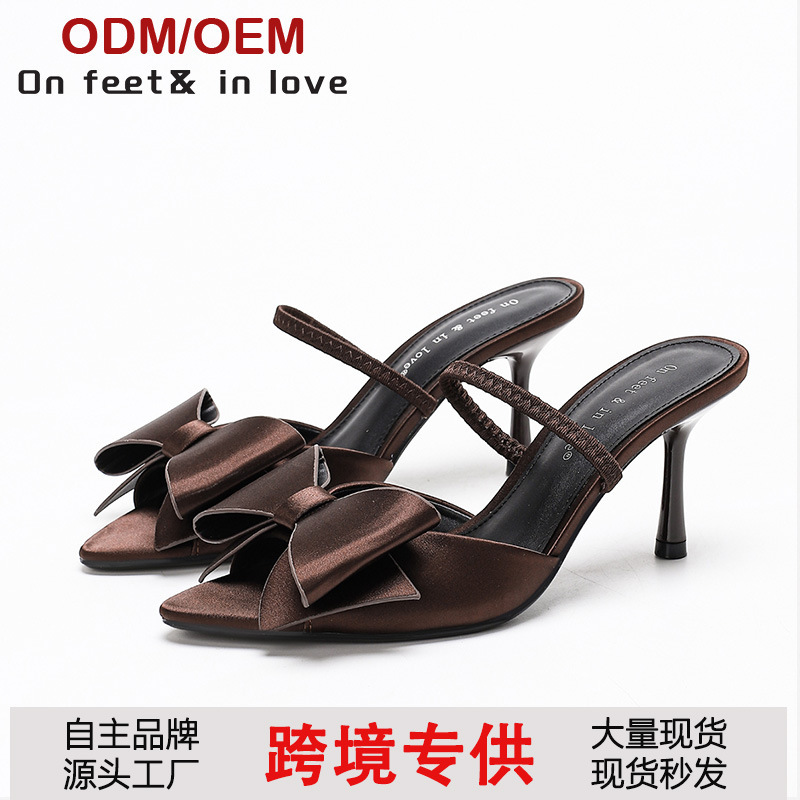 Summer New Style Bow-Decorated Muller Stiletto Heels Pointed Toe Strap Casual Versatile Fashion Sandals for Women