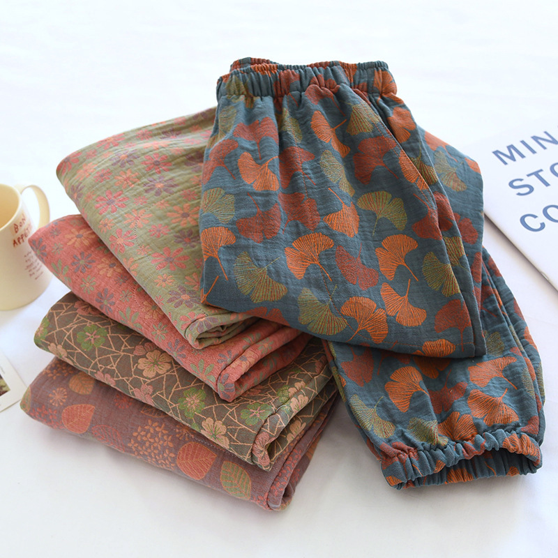 Vintage Jacquard Pajama Pants for Women, Spring, Summer, and Autumn, Loose Casual Long Pants, Pure Cotton Loungewear, Cuffed and Suitable for Wearing Outside Vintage Jacquard Pajama Pants for Women, Spring, Summer, and Autumn, Loose Casual Long Pants, Pure Cotton Loungewear, Cuffed and Suitable for Wearing Outside
