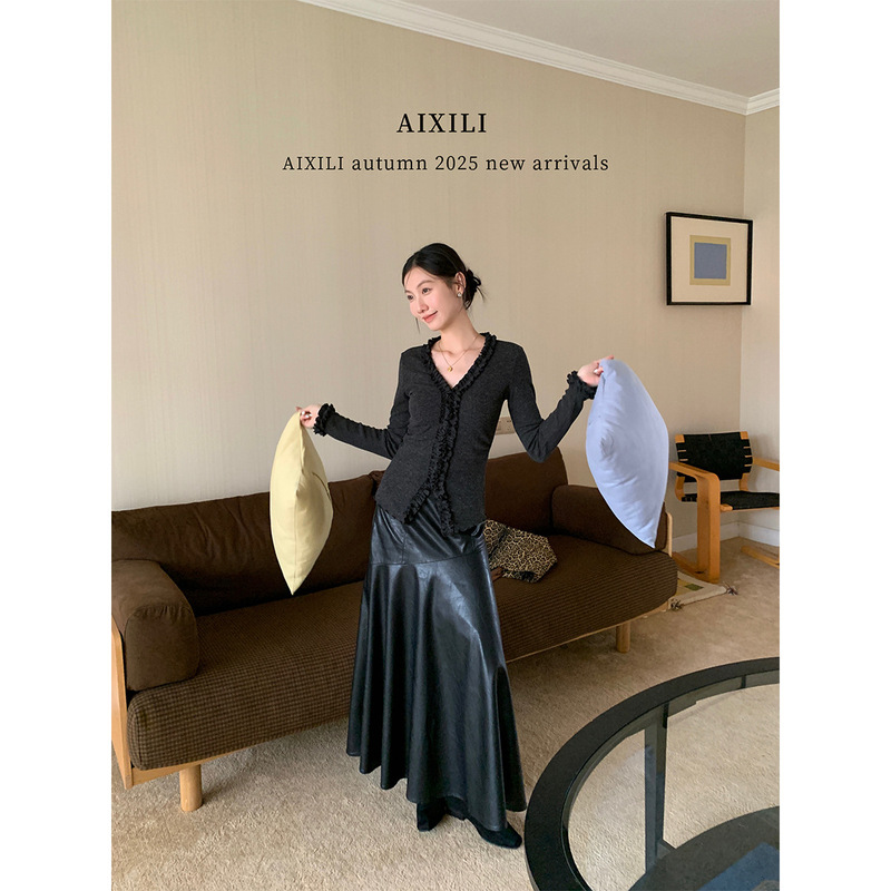 AIXILI爱西里-拼接木耳花边设计针织长袖显瘦百搭上衣针织衫15519|undefined