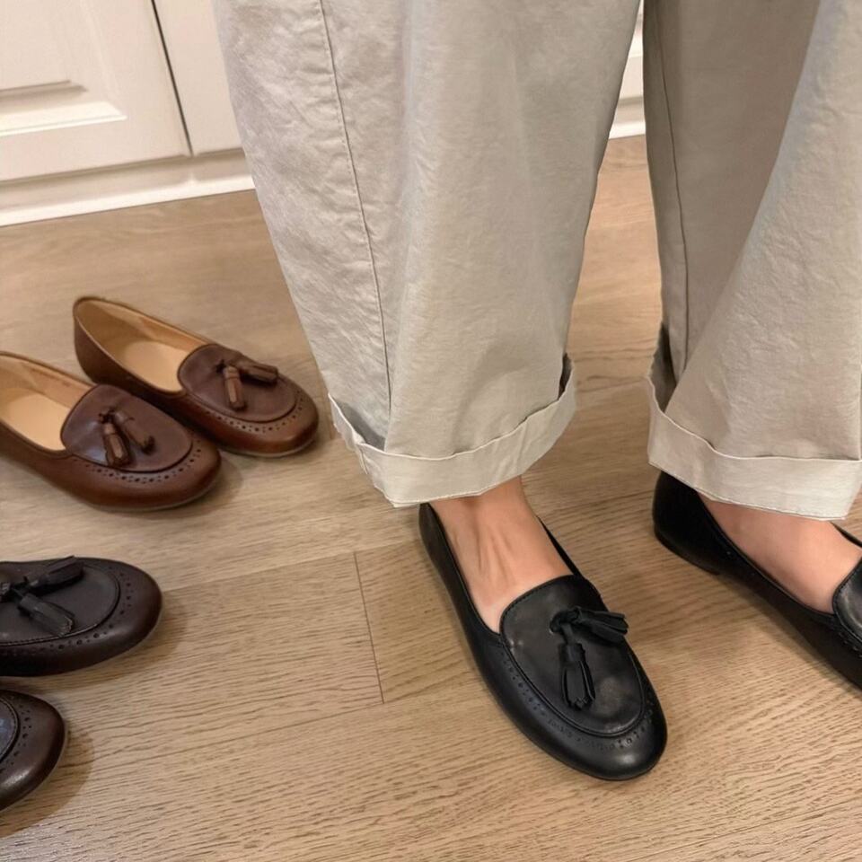 Giày lười nữ da bò mũi tròn tua rua cổ thấp đế bệt — Màu nâu, Màu nâu cà phê, màu đen