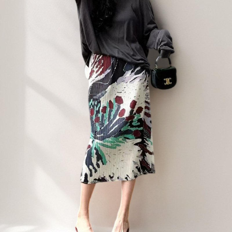 Xiaohongshu's Best-Selling Skirt for Women, High-End Printed Mid-Length Versatile One-Step Straight Skirt Miyake Hip-Hugging Skirt