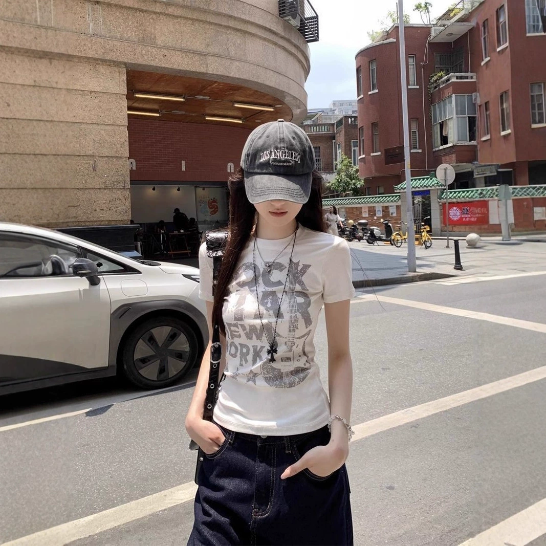 [210g 40 Count Pure Cotton] White Letter Printed Right Shoulder Short-Sleeved T-Shirt for Women Summer Slimming Look Top Trendy