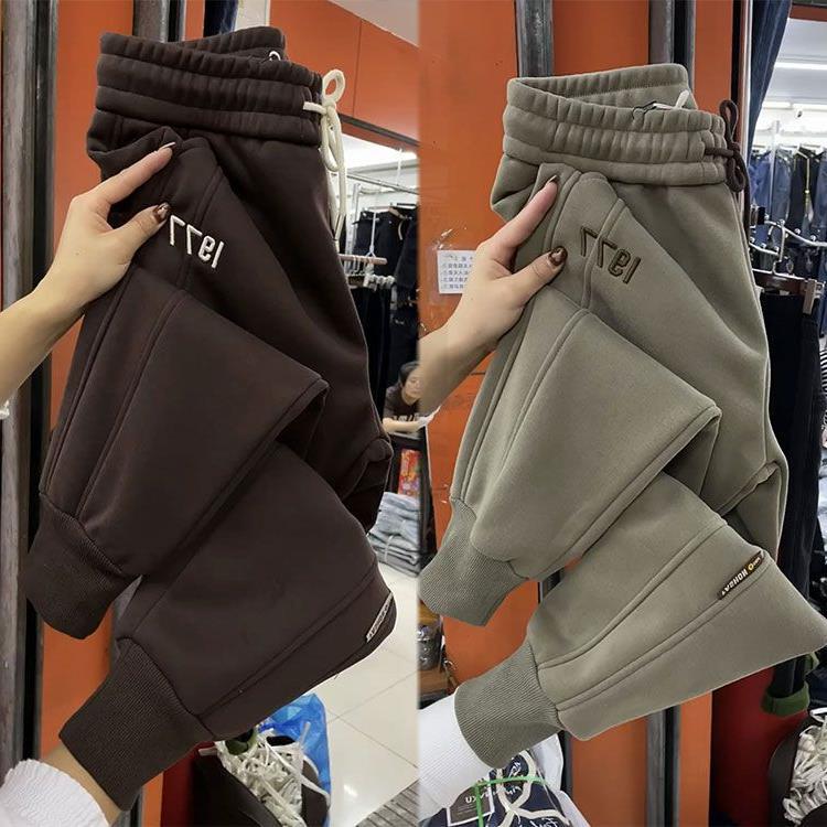 加绒加厚束脚裤女秋冬保暖休闲运动裤小个子高腰百搭抽绳哈伦裤潮