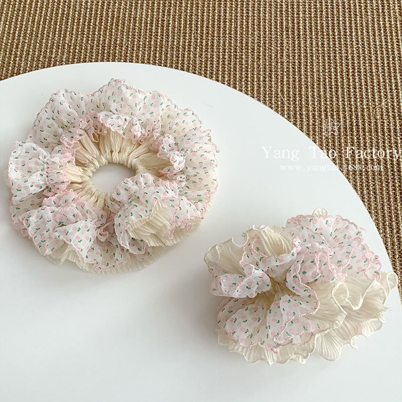 Hilo de burbuja floral plisado de doble capa encaje intestino grueso lazo para el cabello femenino con cola de caballo baja banda de goma Albóndigas Cuerda para el cabello Accesorios para el cabello