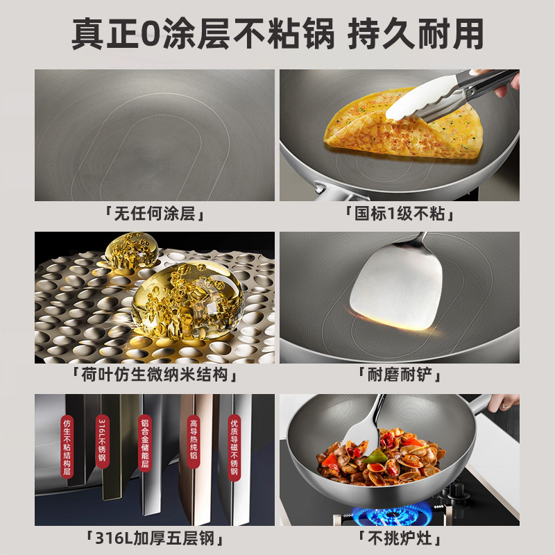 316 panela de acero inoxidable sin pegajosidad de Alemania para engrosar la olla de frita de horno electromagnético sin recubrimiento de grado alimenticio