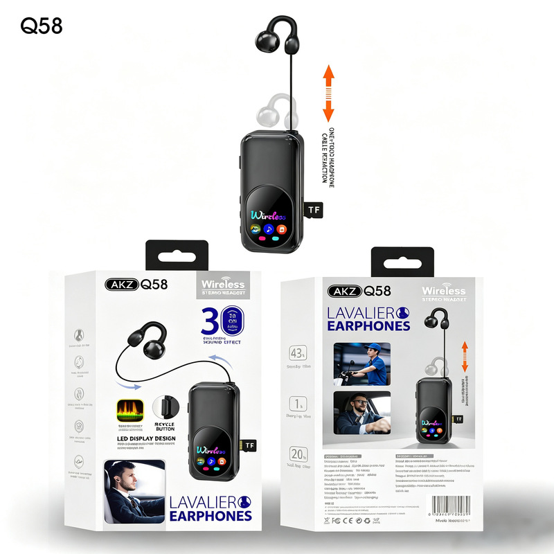Akzq58 Q59 New Model Display Screen Clip-On Retractable Business Bluetooth Headset with Memory Card, Cross-Border Hot Seller