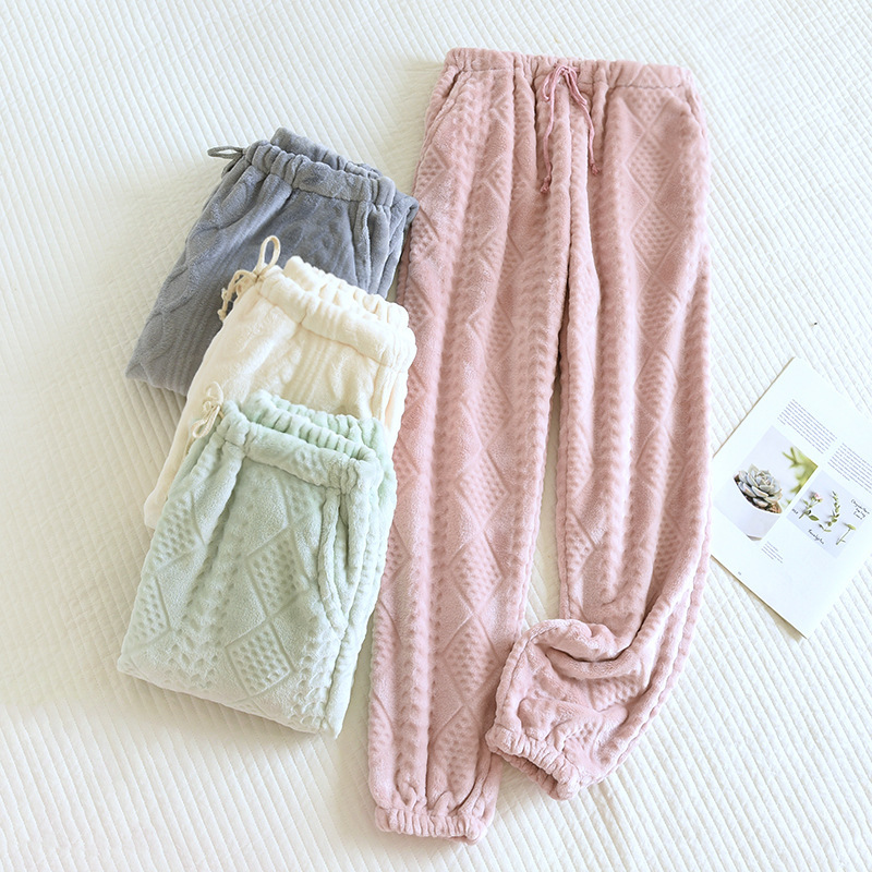 Winter flannel warm pajamas women's soft loose casual necking home pants coral fleece warm pants wholesale