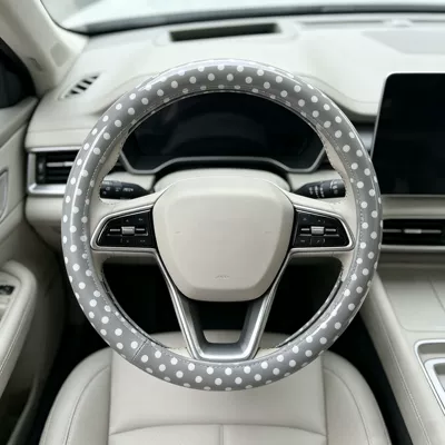 Steering wheel cover, Cross-Border Amazon Wholesale Car - pu-leather-light-gray-bottom-white-polka-dots-universal-style-38cm