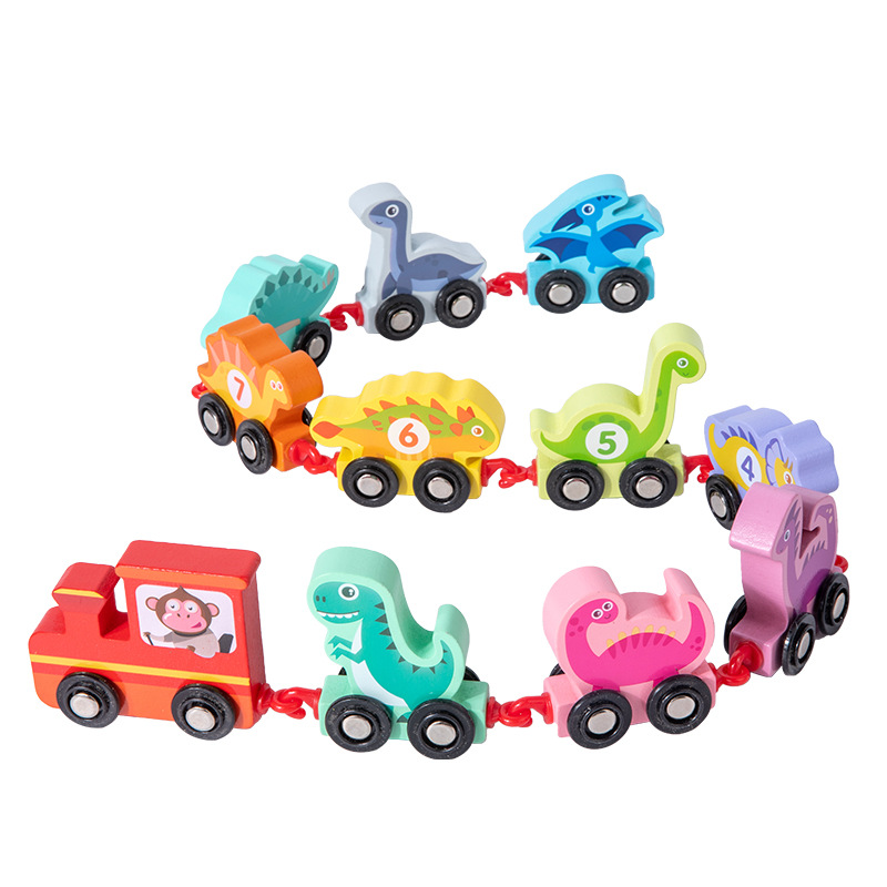 Bloques de construcción de tren de dinosaurio magnéticos de madera transfronterizos que ensamblan la educación temprana Push-Pull kindergarten color digital juguetes cognitivos image 7