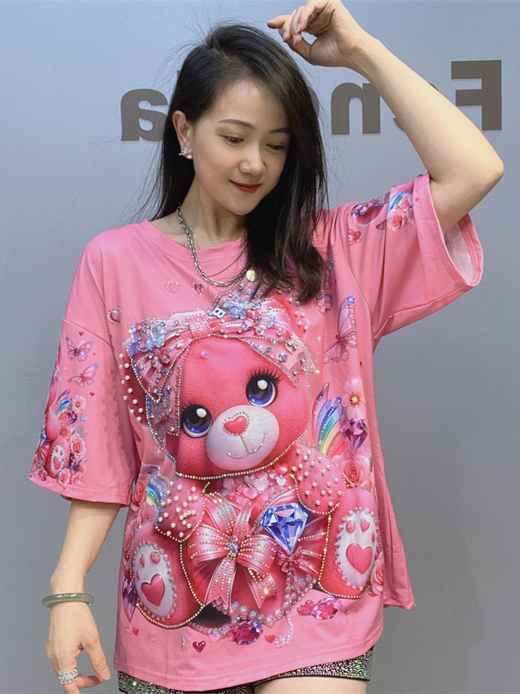 漫画熊重工釘珠丸襟半袖tシャツ女性夏プリントファッション半袖大サイズ上着対外貿易女装潮