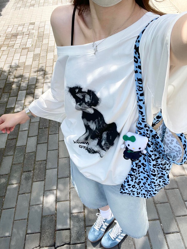 [綿92、スパンデックス8] オフショルダー半袖Tシャツ レディース 夏 子犬プリント ゆったり カジュアル レイジー オフショルダー トップス|undefined