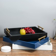 定制高级感光面MDF木托盘金属扶手方形木质茶盘咖啡蛋糕茶具托盘