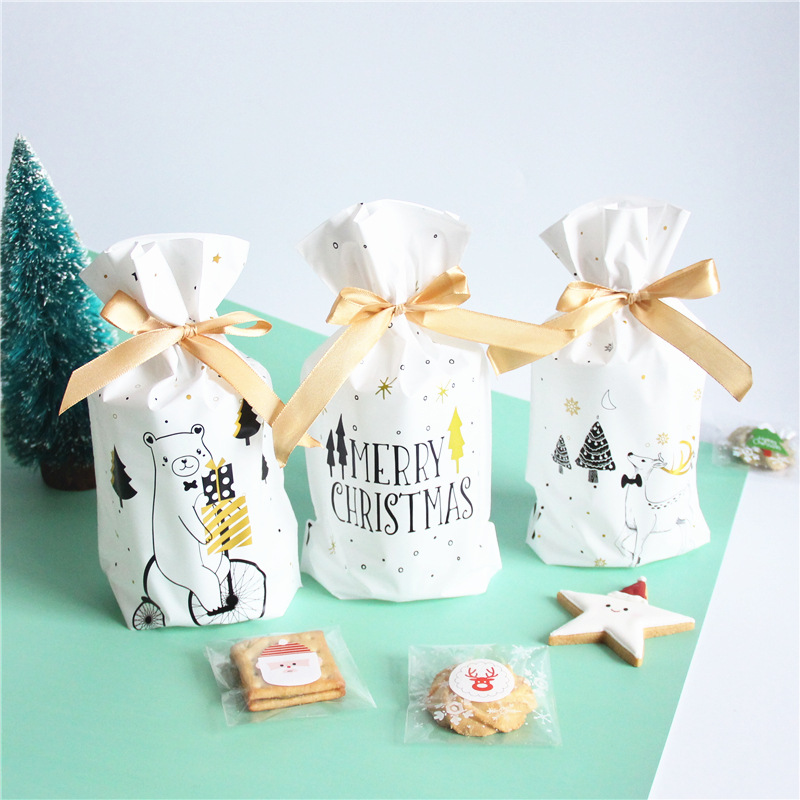 白色小清新圣诞节包装袋卡通圣诞饼干袋牛轧糖雪花酥糖果抽绳袋