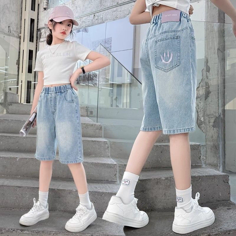 女の子夏パンツデニムショートパンツ2025新作ミディアムパンツ女の子中大子供用おしゃれ薄手スタイル|undefined