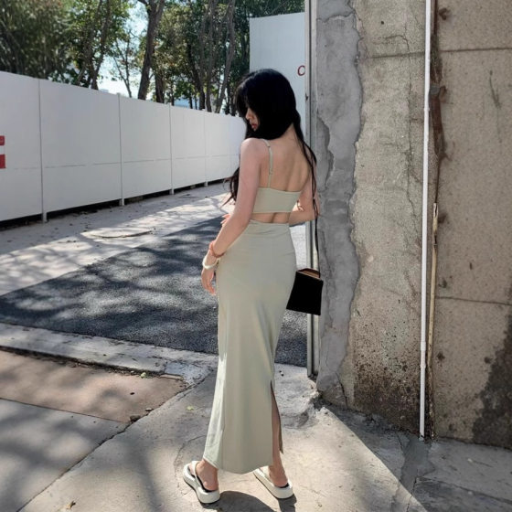 Pure Desire Spice Girl Hollow-out Backless Sling dress Women's Summer Slim-fit Tight Waist Hip Skirt Holiday Style Split Long Skirt