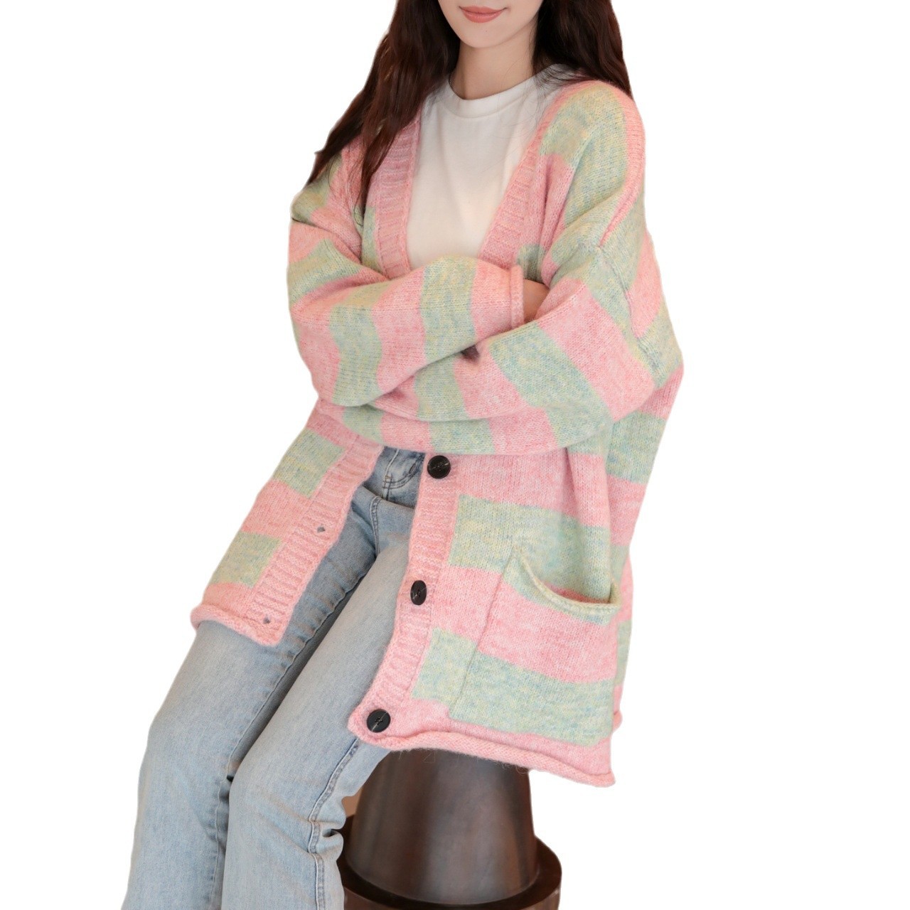 24 invierno Puyuan relajado ocio gradiente de color contrastante rayas suaves glutinosas suéter suelto Cardigan mujeres