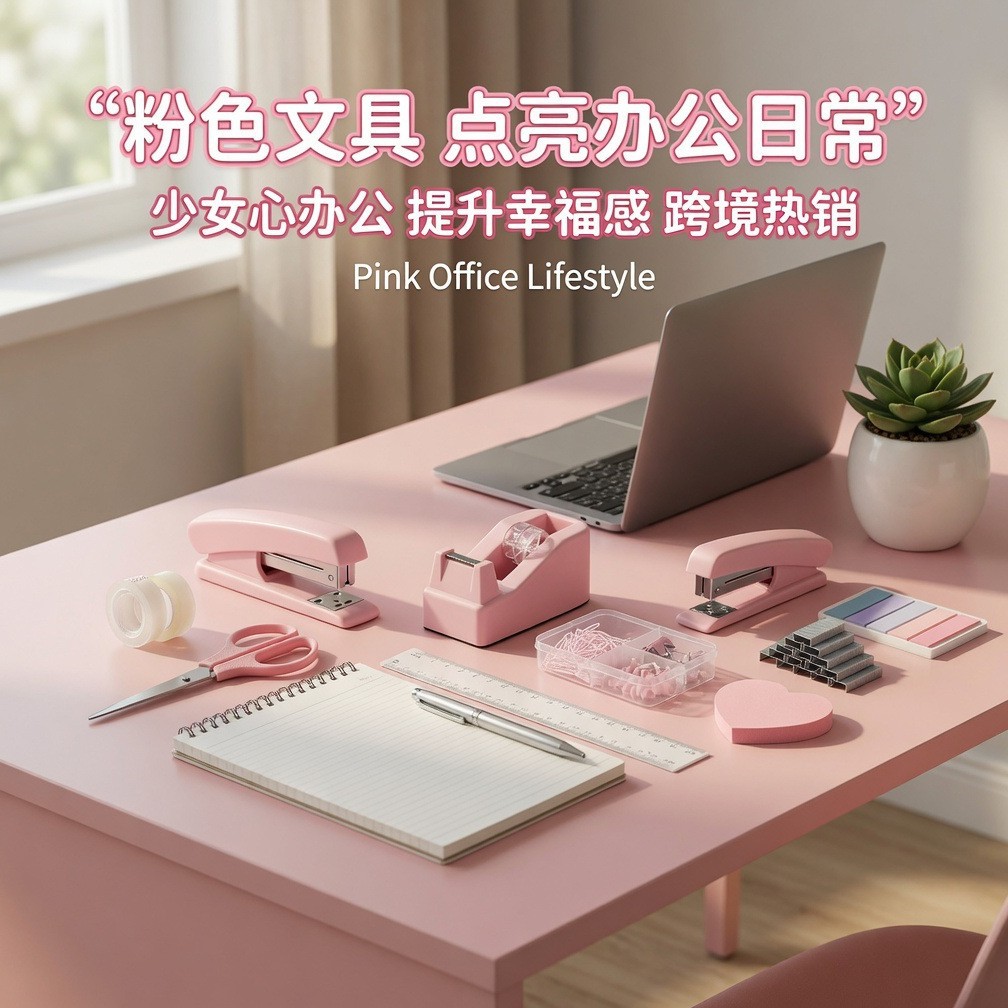 跨境热销粉色桌面办公文具套装少女风订书机剪刀胶带组合套装批发