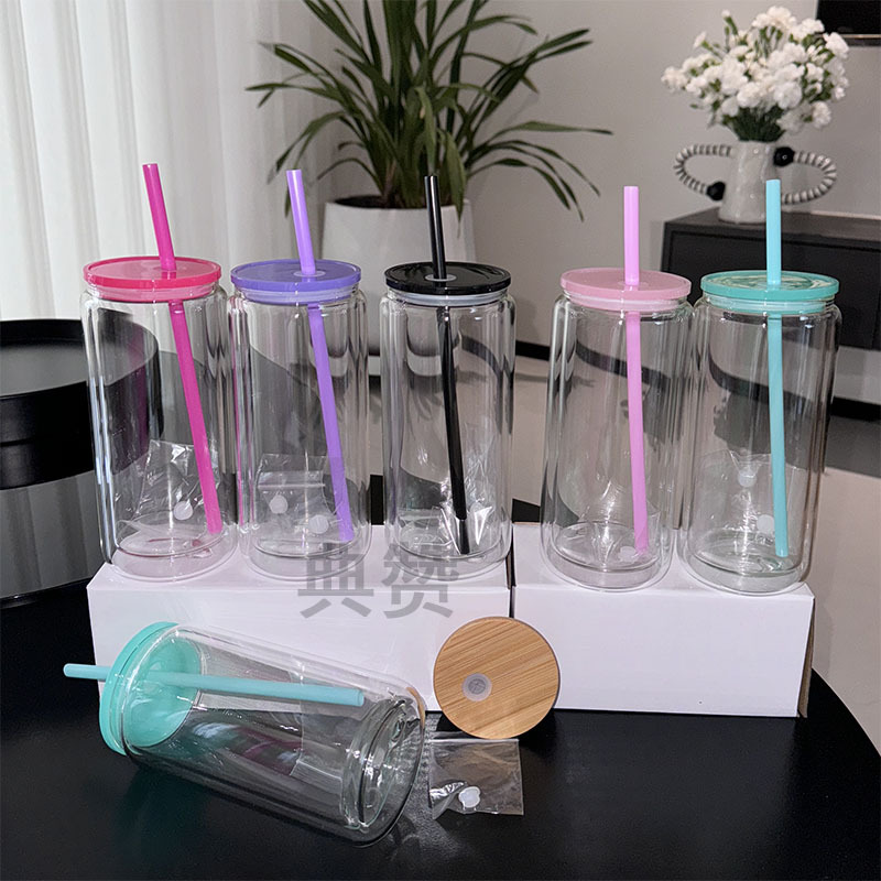 12oz 16oz 20oz双层雪球杯热升华玻璃杯pp盖竹盖配吸管有孔有塞子