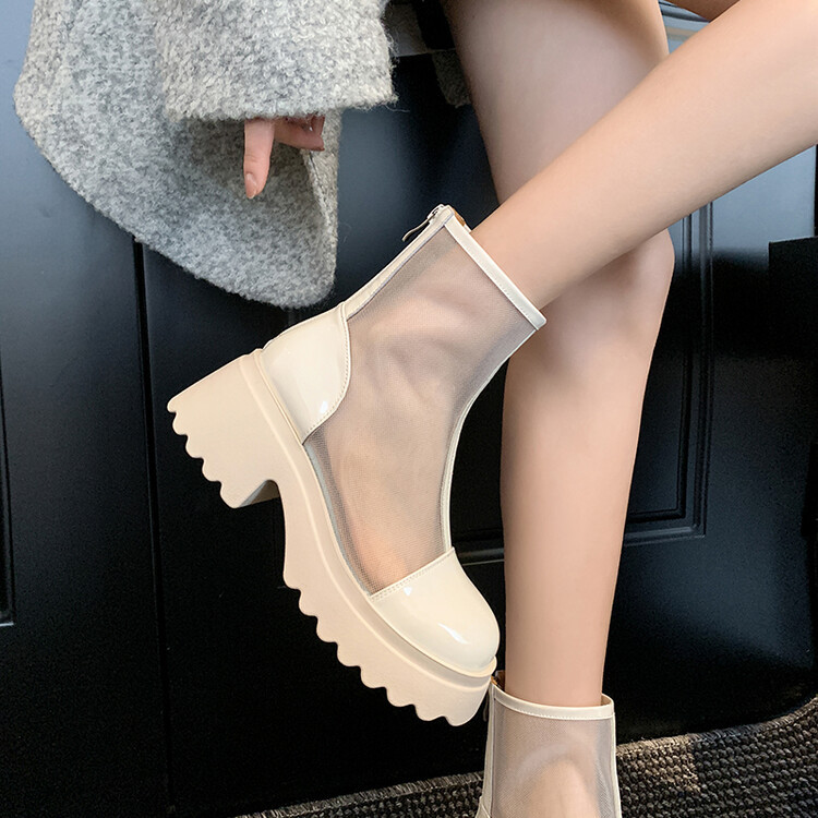 Boot ngắn nữ da thật vải lưới cao gót 6cm mùa hè phong cách Anh thoáng khí — Màu đen, Trắng be chi tiết 96