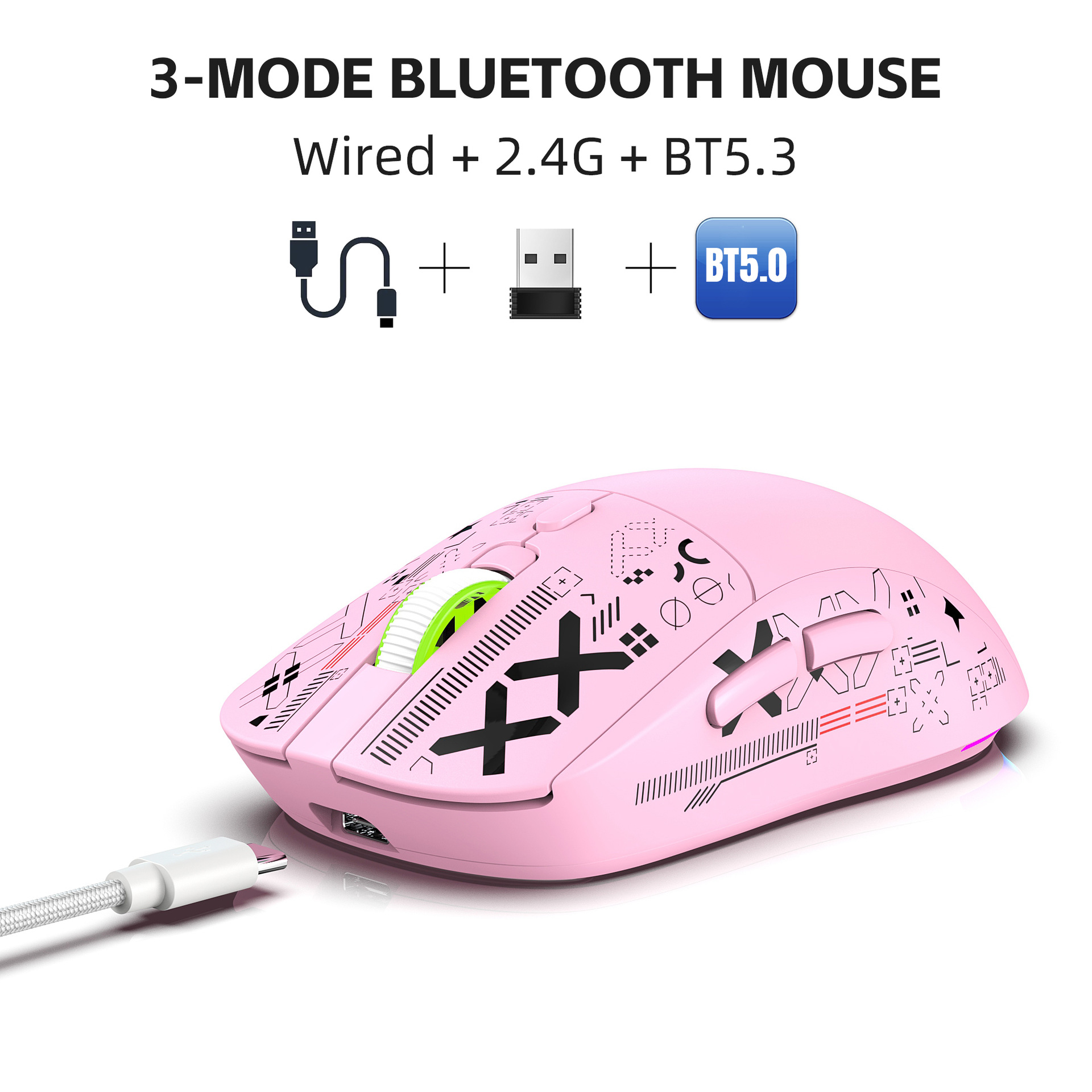 Nuevo mouse inalámbrico Bluetooth 2.4G con cable de tres modos RGB emisor de luz 650MAH juego inalámbrico Mouse explosión transfronteriza