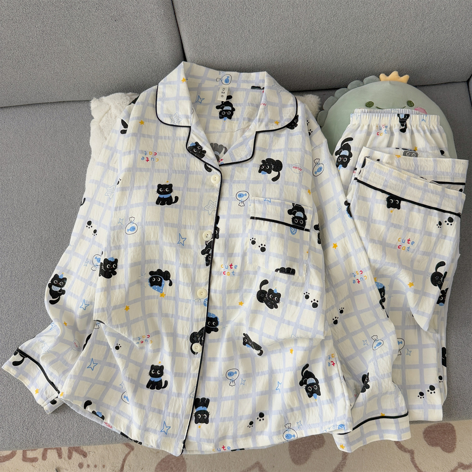 (No breast pads) [Yunduo Cotton] Black Cat Blue Check (long sleeves + trousers)