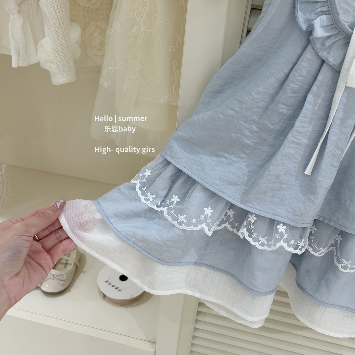 [Le En baby] Vestido de chaleco de encaje azul de verano para niñas Vestido de tirantes dulce Vestido de falda de pastel de estilo occidental