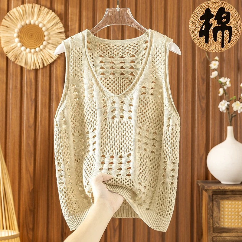 Loose V-neck square openwork knitted vest for women, plus size, spring and autumn, pullover vest, layered tank top, fashionable camisole