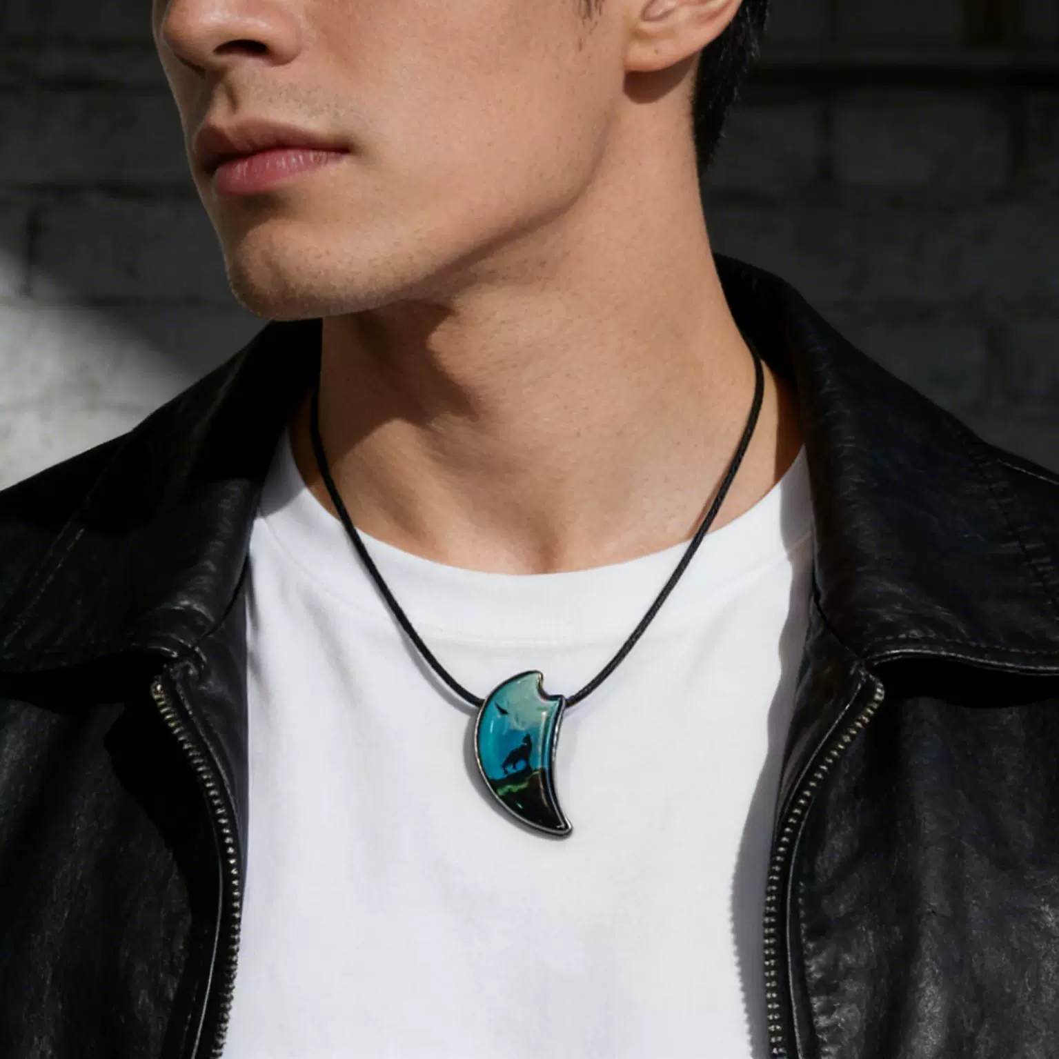 欧美跨境热销爆款时尚复古小众个性男士蓝色半月狼牙吊坠项链挂件