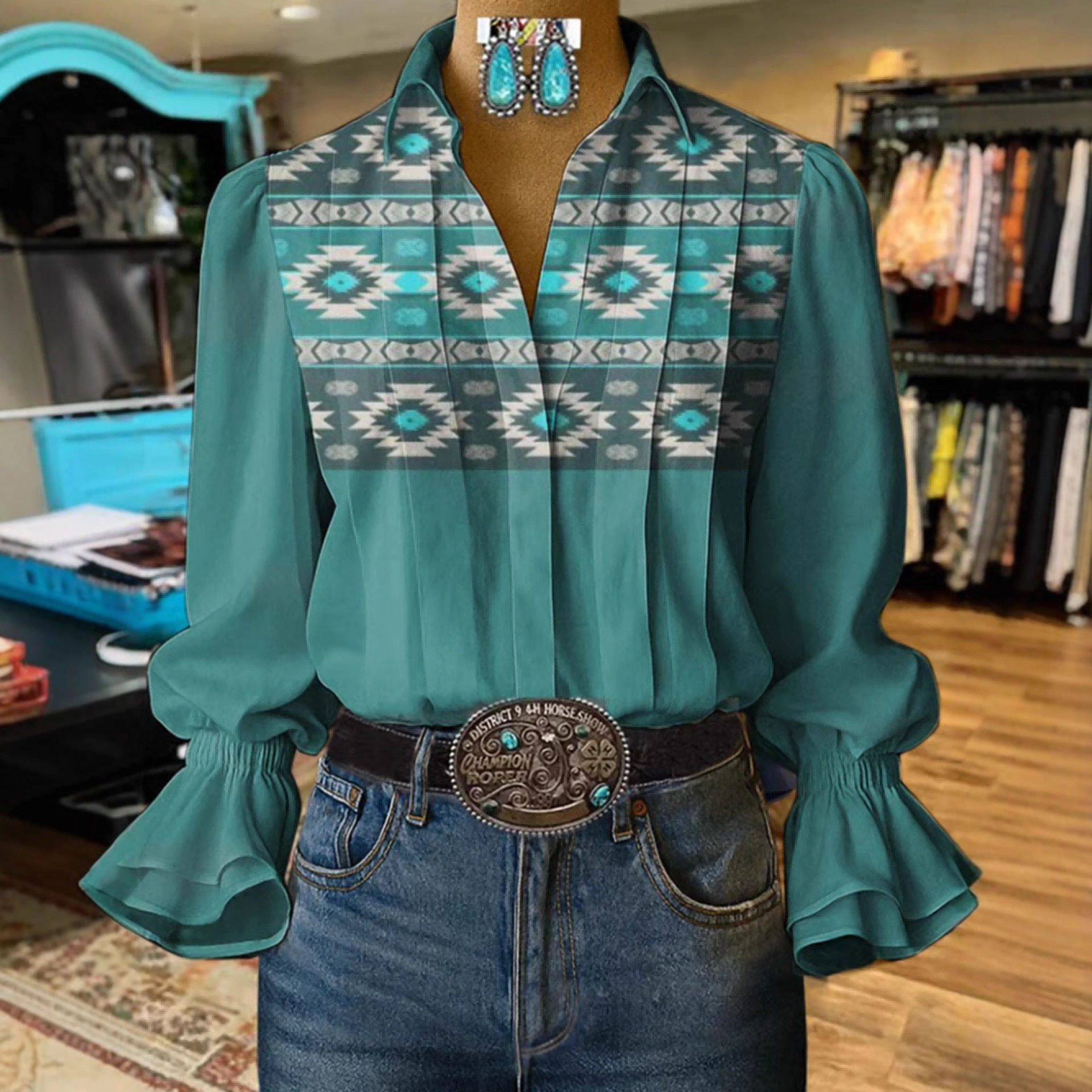 Cross-Border Amazon New Lapel Women's Shirt 3D Printed Long-Sleeved Autum V Neck Casual Bell-Sleeved Shirt