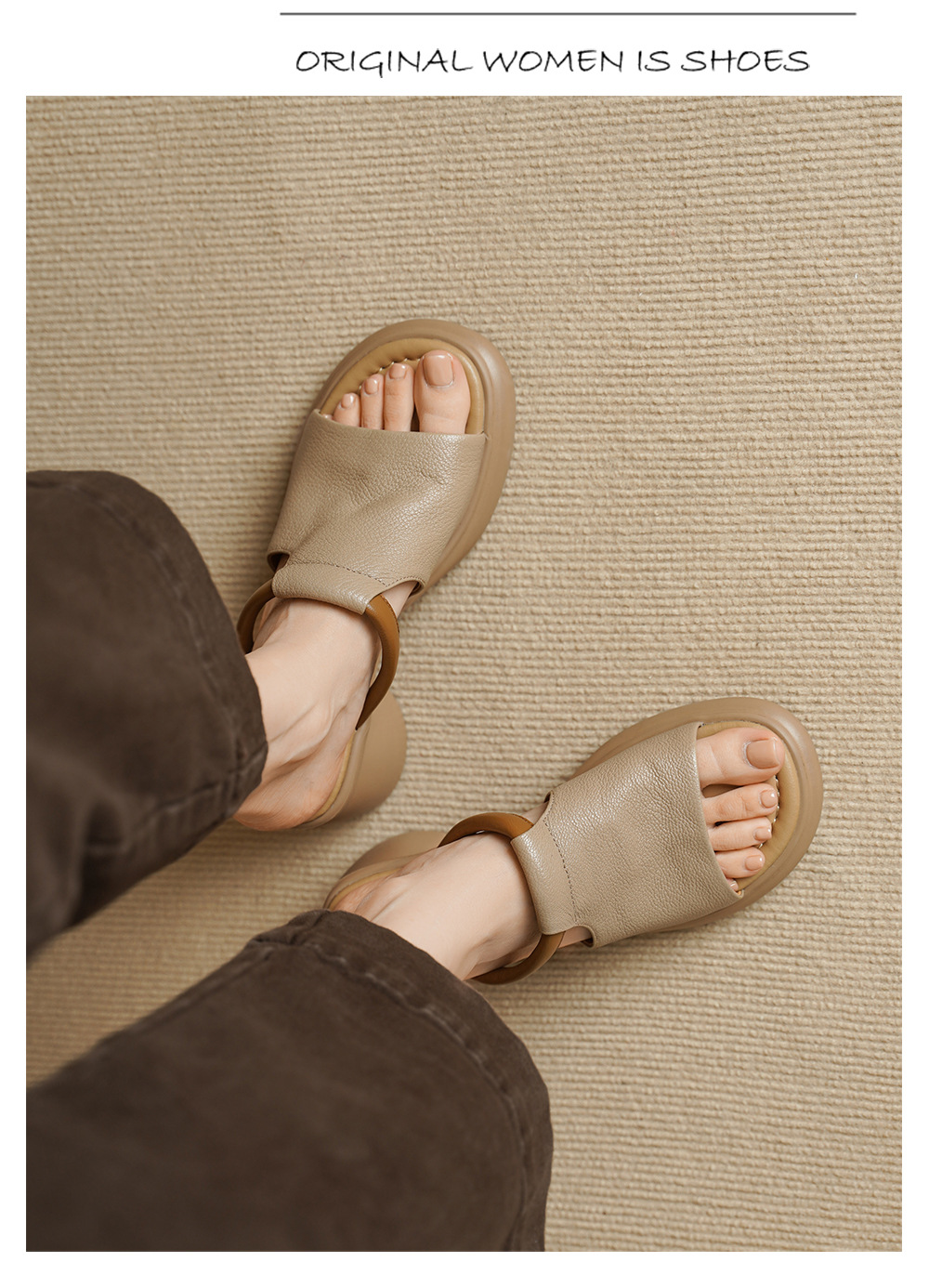 Sandal nữ hở mũi gót vuông đế dày da dê cao cấp — màu trắng ngà chi tiết 11