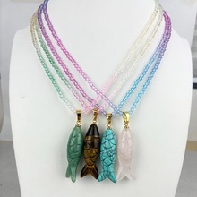 天然水晶半宝石小鱼吊坠马卡龙色项链挂坠贝壳雕刻翅膀锁骨链