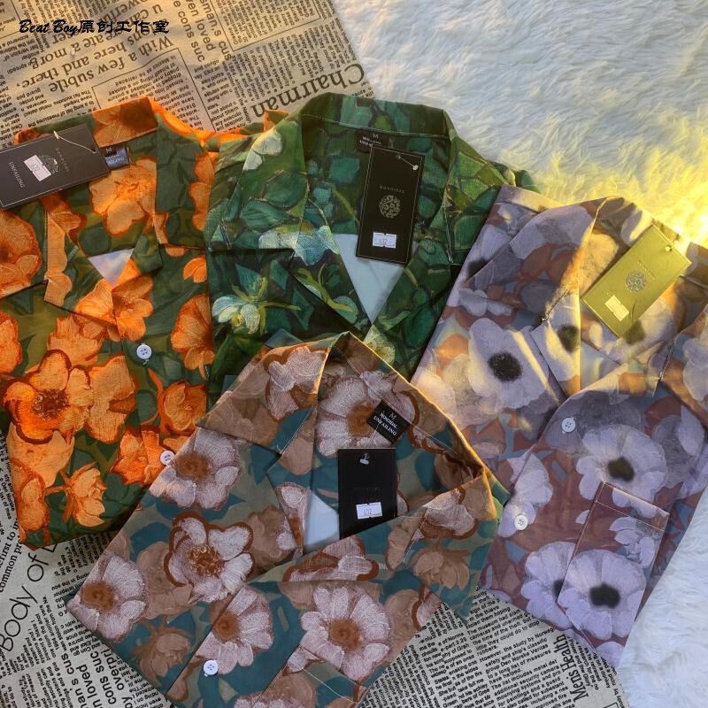 Hong Kong Style Vintage Retro Oil Painting Floral Short-Sleeved Shirt for Men and Women Retro Handsome Lazy Style Couple Shirt