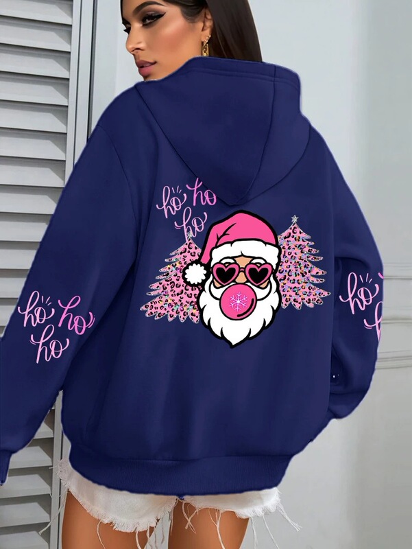 Foreign Trade Cross-Border Happy Christmas Tree Santa Claus Print Women's Hoodie Autumn Pullover Sweatshirt Top