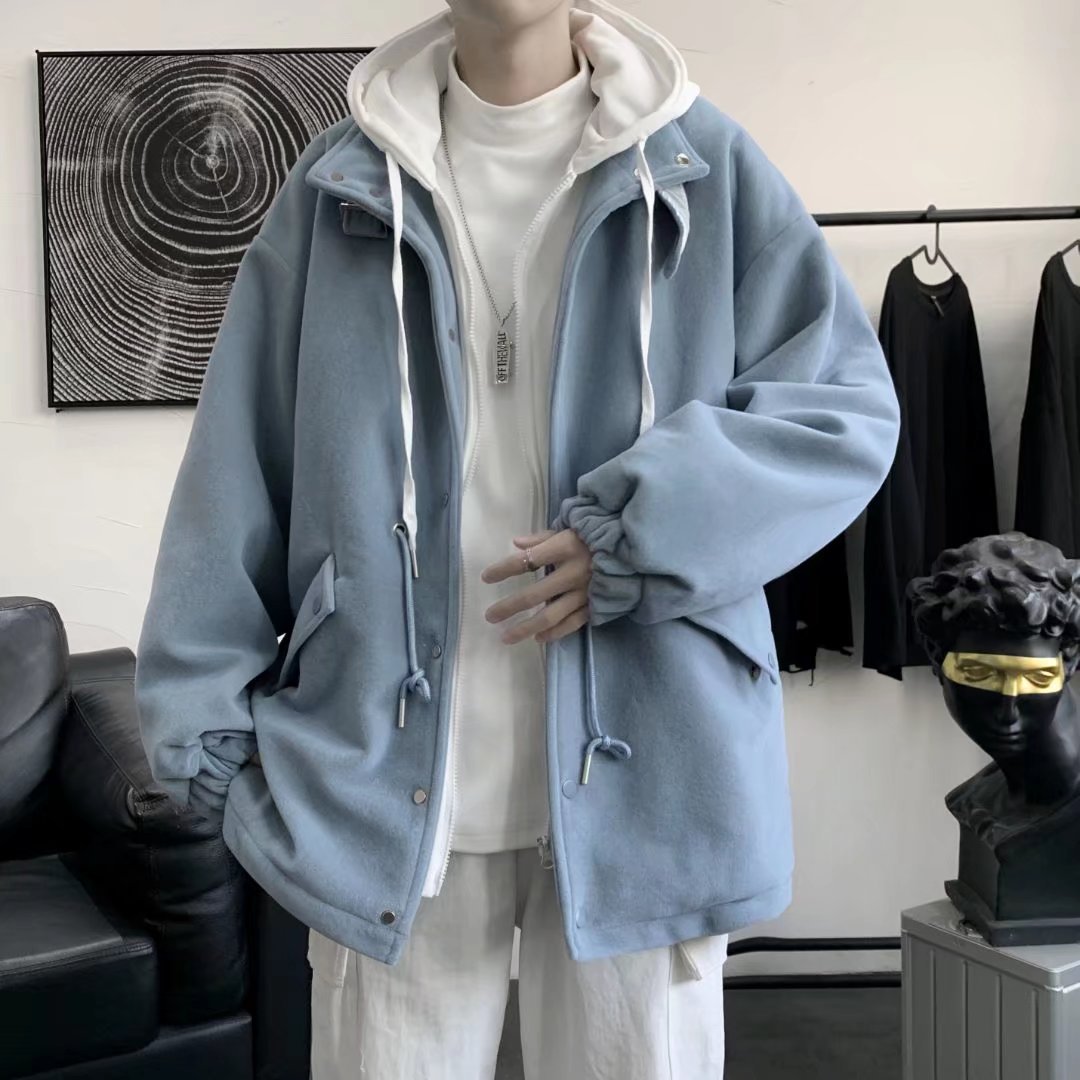 Oscuro ins moda marca High Street abrigo de lana de los hombres Otoño e Invierno estilo coreano moda suelta con capucha abrigo de lana