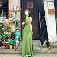 フォレストスタイルレトログリーンサスペンダードレス女性の夏の気質ウエスト痩身ベストロングスカート