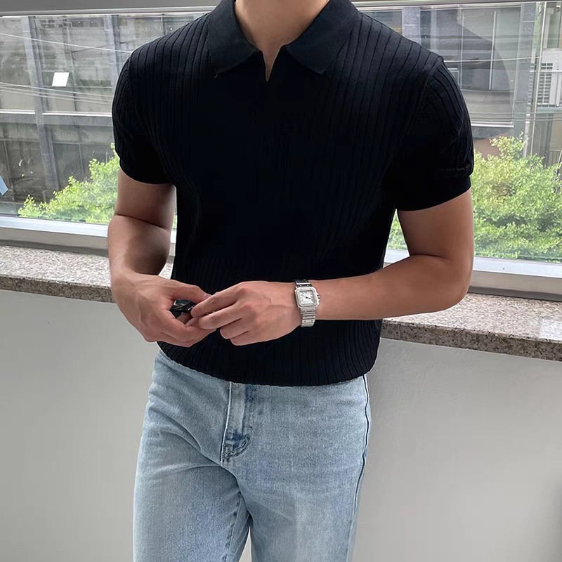 Verano ligero maduro manga corta POLO hombre estilo coreano delgado solapa color sólido casual delgado media manga tendencia temperamento top