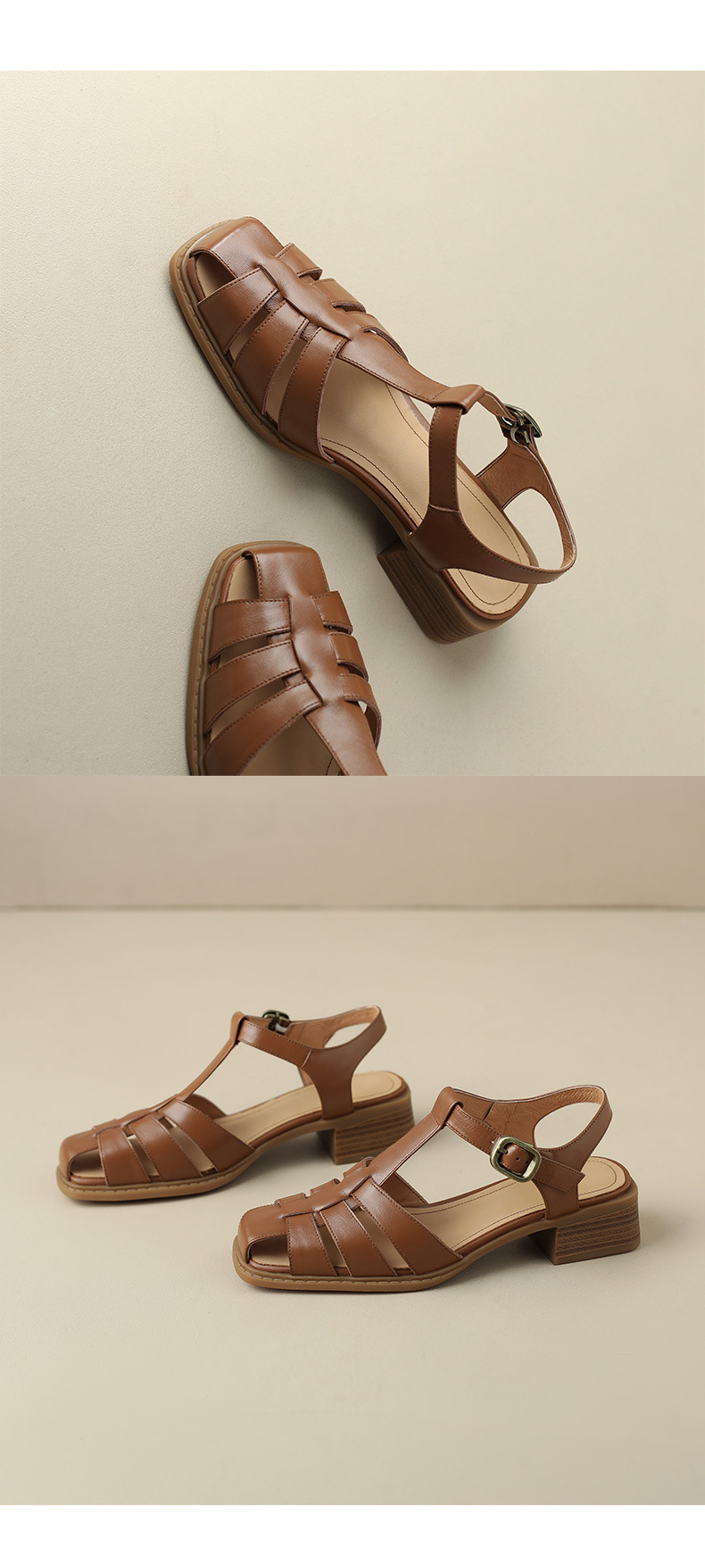 Sandal bít mũi dệt cổ điển nữ quai chữ T gót thấp da bò — Màu nâu đậm chi tiết 19