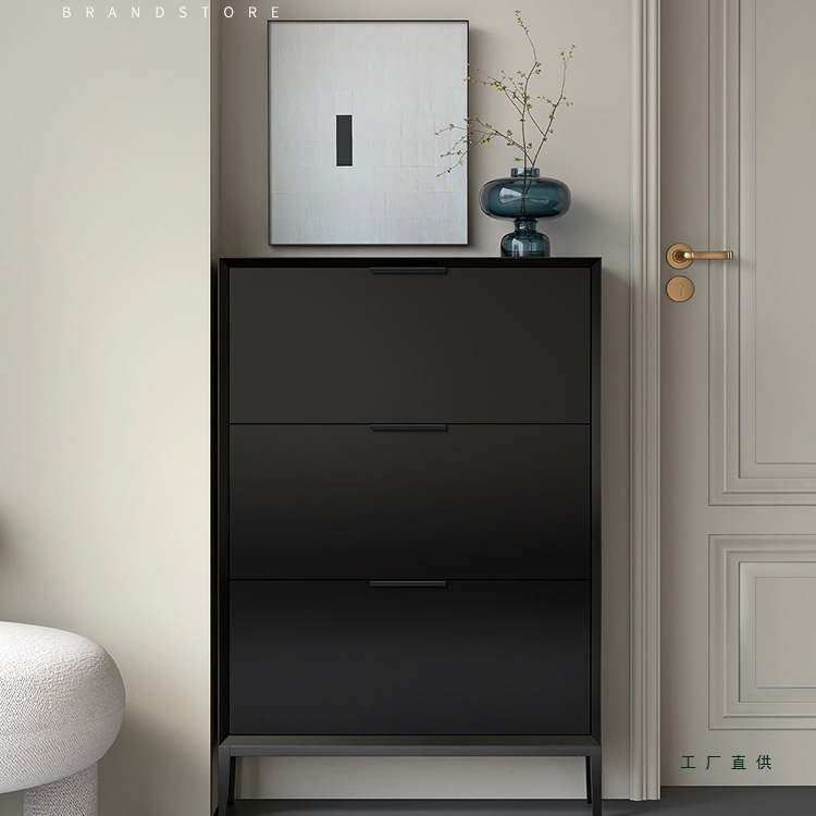 Italian Minimalist Paint Ultra-Thin Shoe Cabinet Tipping Bucket Solid Wood Home Entrance Small Apartment Space-Saving Extremely Narrow Entrance Cabinet